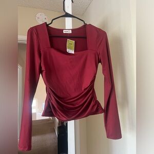 Burgundy Square-Neck Long Sleeve Ruched Top